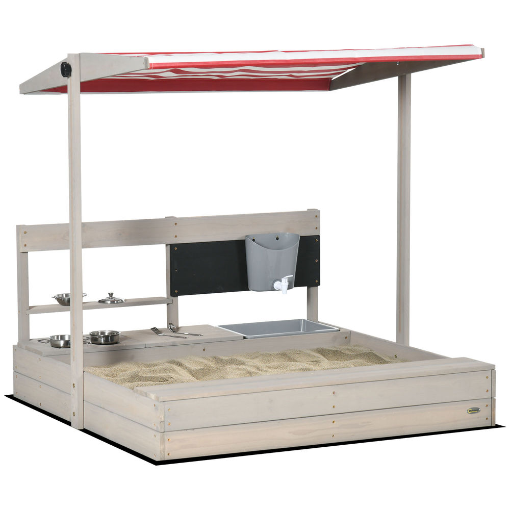 Outsunny arenero para niños de madera con techo ajustable, arenero infantil con juguetes de cocina, estante y 2 asientos, juego para niños de 3-7 años, para patio, jardín, 114x110x110 cm, gris