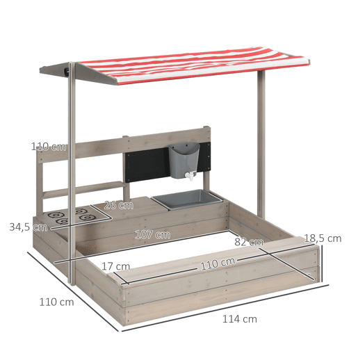 Outsunny Arenário Infantil de Madeira com Toldo Ajustável, Arenário com Brinquedos de Cozinha, Prateleira e 2 Assentos, Jogo para Crianças dos 3-7 Anos, para Terraço e Jardim, 114x110x110 cm, Cinzento Outsunny Arenário Infantil de Madeira com Toldo Ajustável, Arenário com Brinquedos de Cozinha, Prateleira e 2 Assentos, Jogo para Crianças dos 3-7 Anos, para Terraço e Jardim, 114x110x110 cm, Cinzento