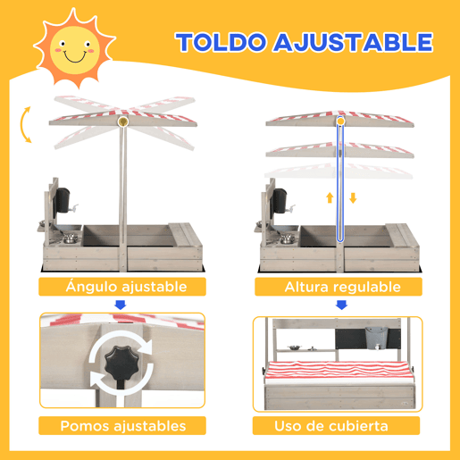 Outsunny Arenário Infantil de Madeira com Toldo Ajustável, Arenário com Brinquedos de Cozinha, Prateleira e 2 Assentos, Jogo para Crianças dos 3-7 Anos, para Terraço e Jardim, 114x110x110 cm, Cinzento Outsunny Arenário Infantil de Madeira com Toldo Ajustável, Arenário com Brinquedos de Cozinha, Prateleira e 2 Assentos, Jogo para Crianças dos 3-7 Anos, para Terraço e Jardim, 114x110x110 cm, Cinzento