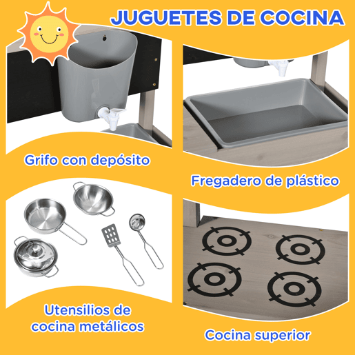 Outsunny Arenário Infantil de Madeira com Toldo Ajustável, Arenário com Brinquedos de Cozinha, Prateleira e 2 Assentos, Jogo para Crianças dos 3-7 Anos, para Terraço e Jardim, 114x110x110 cm, Cinzento Outsunny Arenário Infantil de Madeira com Toldo Ajustável, Arenário com Brinquedos de Cozinha, Prateleira e 2 Assentos, Jogo para Crianças dos 3-7 Anos, para Terraço e Jardim, 114x110x110 cm, Cinzento