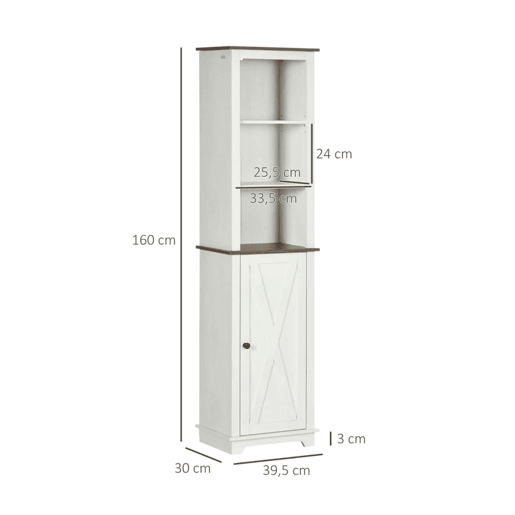 kleankin Coluna Casa de Banho Armário de Armazenamento para Casa de Banho com 3 Compartimentos Porta e Prateleira Ajustável 39,5x30x160 cm Branco