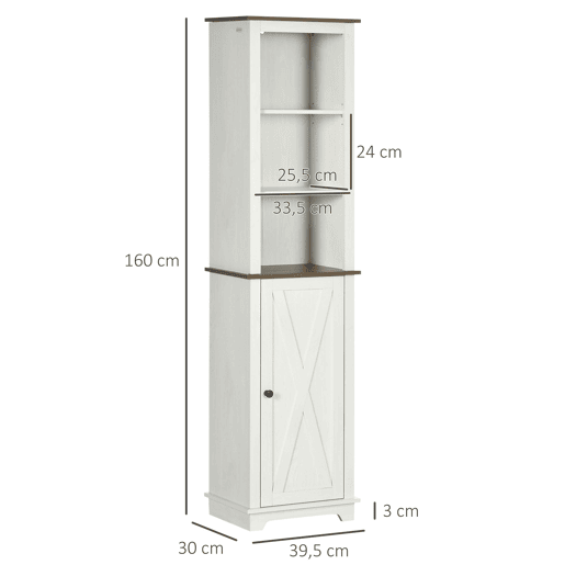 kleankin Coluna Casa de Banho Armário de Armazenamento para Casa de Banho com 3 Compartimentos Porta e Prateleira Ajustável 39,5x30x160 cm Branco