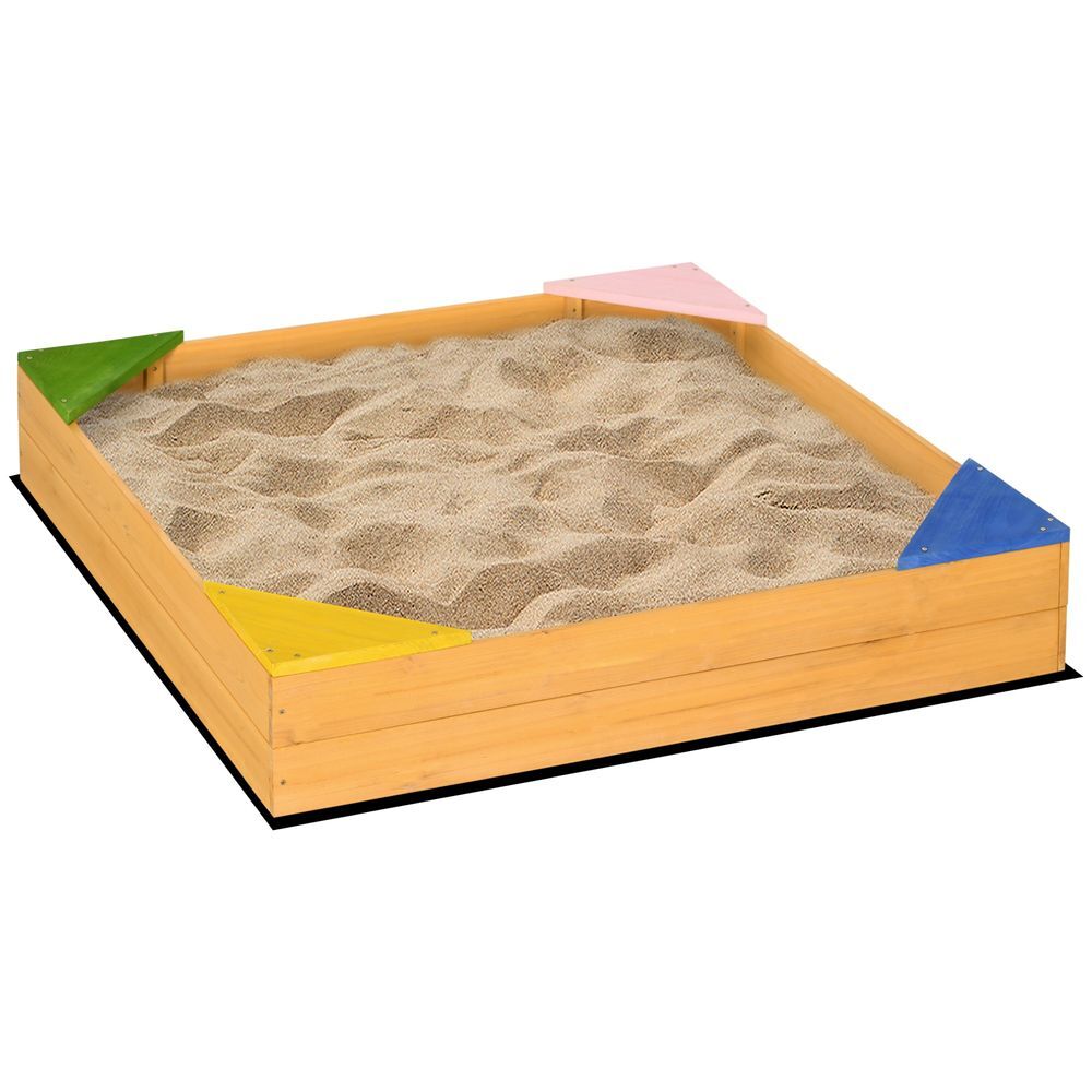 Outsunny arenero infantil de madera arenero para niños cuadrado de 3-8 años con tela no tejida y 4 asientos para jardín patio terraza 109x109x19,8 cm natural