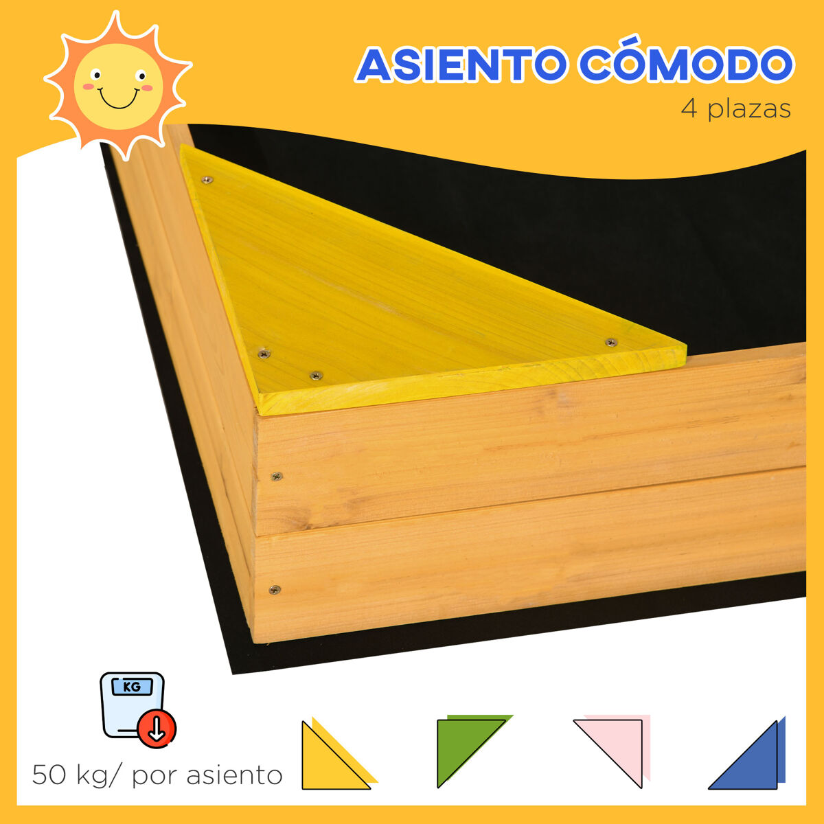 Outsunny Arenero Infantil De Madera Cuadrado | 4 Asientos | 109x109x19.8 Cm | Tela No Tejida Y Sin Fondo | Para Niños 3-8 Años
