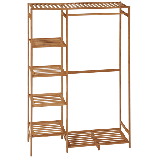 HOMCOM Suporte para Cabides de Bambu Cabideiro para Roupa com Prateleira de Armazenamento de 6 Níveis e Barra de Suspensão para Sala de Estar Dormitório Entrada 90x30x145 cm Madeira