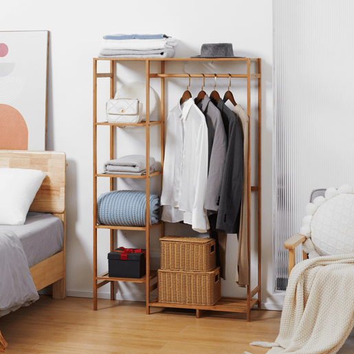 HOMCOM Suporte para Cabides de Bambu Cabideiro para Roupa com Prateleira de Armazenamento de 6 Níveis e Barra de Suspensão para Sala de Estar Dormitório Entrada 90x30x145 cm Madeira