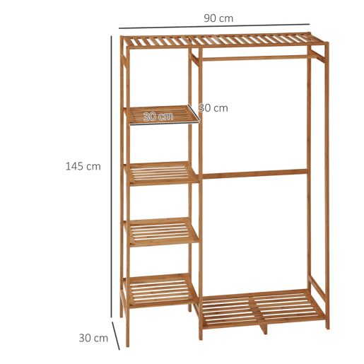 HOMCOM Suporte para Cabides de Bambu Cabideiro para Roupa com Prateleira de Armazenamento de 6 Níveis e Barra de Suspensão para Sala de Estar Dormitório Entrada 90x30x145 cm Madeira