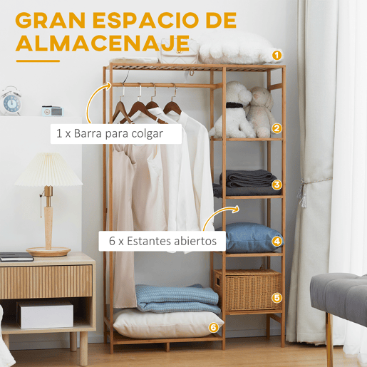 HOMCOM Suporte para Cabides de Bambu Cabideiro para Roupa com Prateleira de Armazenamento de 6 Níveis e Barra de Suspensão para Sala de Estar Dormitório Entrada 90x30x145 cm Madeira