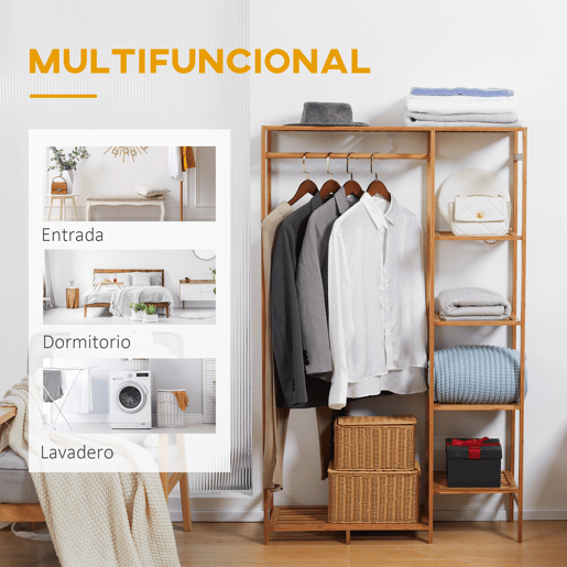 HOMCOM Suporte para Cabides de Bambu Cabideiro para Roupa com Prateleira de Armazenamento de 6 Níveis e Barra de Suspensão para Sala de Estar Dormitório Entrada 90x30x145 cm Madeira