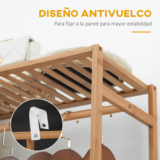 HOMCOM Suporte para Cabides de Bambu Cabideiro para Roupa com Prateleira de Armazenamento de 6 Níveis e Barra de Suspensão para Sala de Estar Dormitório Entrada 90x30x145 cm Madeira