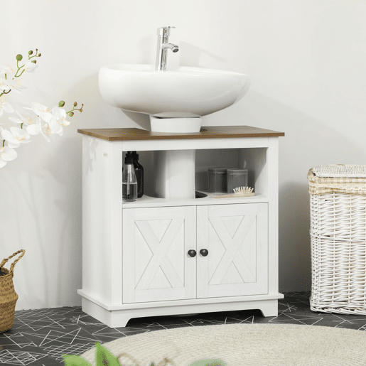 kleankin Móvel para Lavatório Pousar de Madeira Armário Casa de Banho com 2 Portas e Prateleira 60x30x60 cm Branco e Madeira