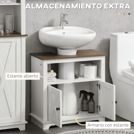 kleankin Móvel para Lavatório Pousar de Madeira Armário Casa de Banho com 2 Portas e Prateleira 60x30x60 cm Branco e Madeira