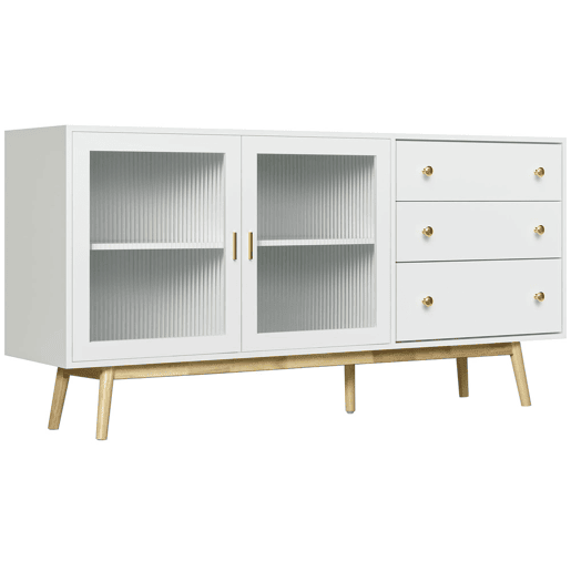 HOMCOM Aparador de Cozinha Moderno Aparador de Sala de Estar com 2 Portas de Vidro 3 Gavetas e Pés de Madeira de Borracha para Sala de Jantar 160x40x80 cm Branco e Madeira