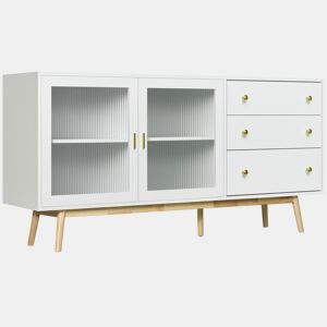 HOMCOM Aparador de Cozinha Moderno Aparador de Sala de Estar com 2 Portas de Vidro 3 Gavetas e Pés de Madeira de Borracha para Sala de Jantar 160x40x80 cm Branco e Madeira