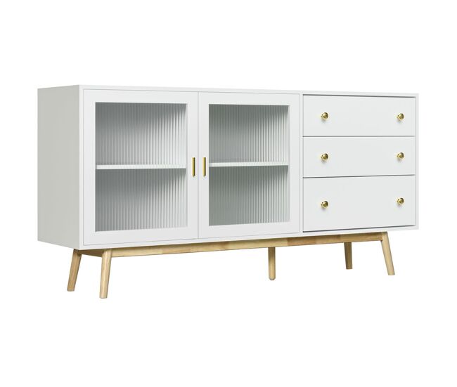 Homcom aparador de cocina moderno aparador de salón mueble vitrina con 2 puertas de vidrio 3 cajones y patas de madera de caucho para comedor