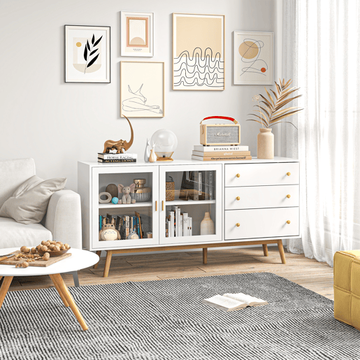 HOMCOM Aparador de Cozinha Moderno Aparador de Sala de Estar com 2 Portas de Vidro 3 Gavetas e Pés de Madeira de Borracha para Sala de Jantar 160x40x80 cm Branco e Madeira