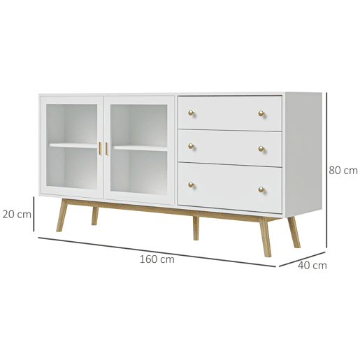 HOMCOM Aparador de Cozinha Moderno Aparador de Sala de Estar com 2 Portas de Vidro 3 Gavetas e Pés de Madeira de Borracha para Sala de Jantar 160x40x80 cm Branco e Madeira