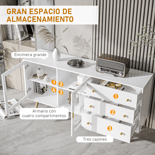 HOMCOM Aparador de Cozinha Moderno Aparador de Sala de Estar com 2 Portas de Vidro 3 Gavetas e Pés de Madeira de Borracha para Sala de Jantar 160x40x80 cm Branco e Madeira