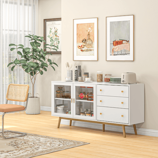 HOMCOM Aparador de Cozinha Moderno Aparador de Sala de Estar com 2 Portas de Vidro 3 Gavetas e Pés de Madeira de Borracha para Sala de Jantar 160x40x80 cm Branco e Madeira