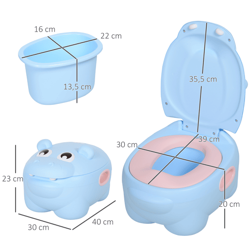 HOMCOM Bacio para Bebé em Forma de Hipopótamo 2 em 1 com Cubo Amovível e Escova de Limpeza Bacio de Aprendizagem Treinamento Portátil Carga 25 kg 40x30x23 cm Azul