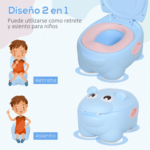 HOMCOM Bacio para Bebé em Forma de Hipopótamo 2 em 1 com Cubo Amovível e Escova de Limpeza Bacio de Aprendizagem Treinamento Portátil Carga 25 kg 40x30x23 cm Azul