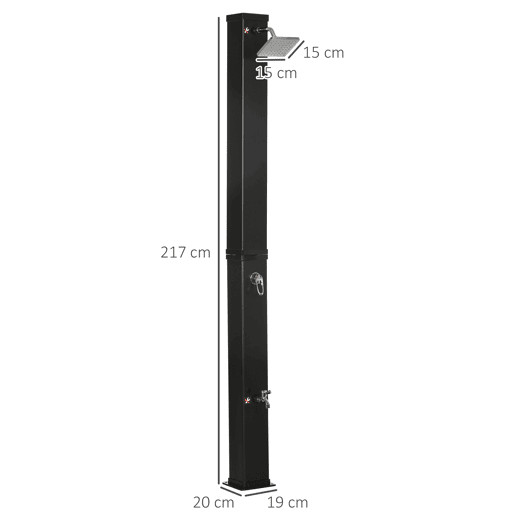 Outsunny Duche Solar Exterior 40L Duche de Jardim com Cabeçal Torneira Água Quente até 60? e Duche de Pés para Piscina Pátio Praia 19x20x217 cm Preto
