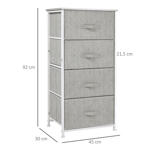 HOMCOM Cómoda com 4 Gavetas de Tecido Móvel de Arrumação Multifuncional para Dormitório Sala de Estar Corredor 45x30x92 cm Cinza e Branco
