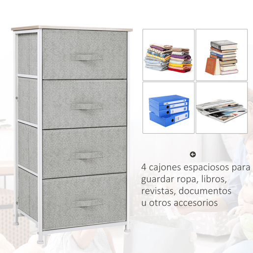 HOMCOM Cómoda com 4 Gavetas de Tecido Móvel de Arrumação Multifuncional para Dormitório Sala de Estar Corredor 45x30x92 cm Cinza e Branco