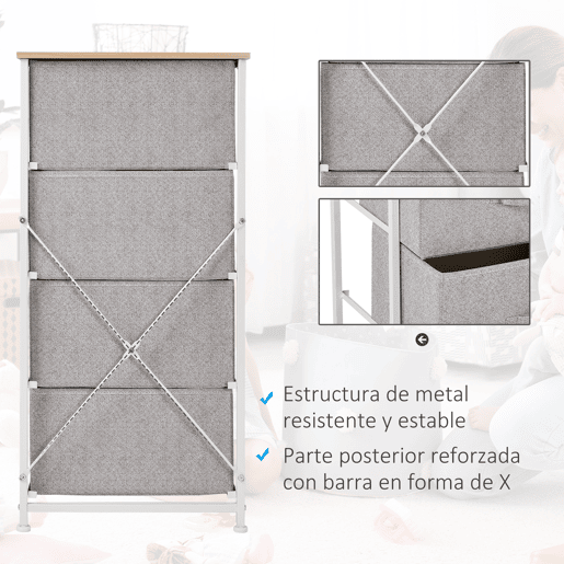 HOMCOM Cómoda com 4 Gavetas de Tecido Móvel de Arrumação Multifuncional para Dormitório Sala de Estar Corredor 45x30x92 cm Cinza e Branco