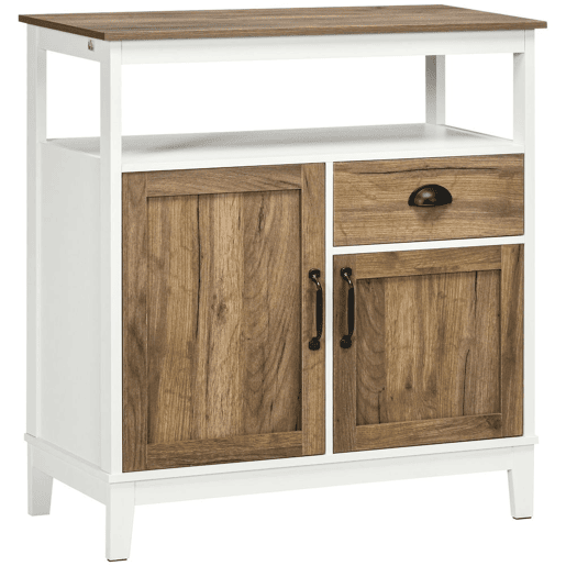 HOMCOM Aparador Sala de Estar Armário de Armazenamento de Madeira com 2 Portas Gaveta e Prateleira Ajustável para Sala de Jantar Cozinha Dormitório 76,6x35x81,5 cm Branco e Madeira Envelhecida