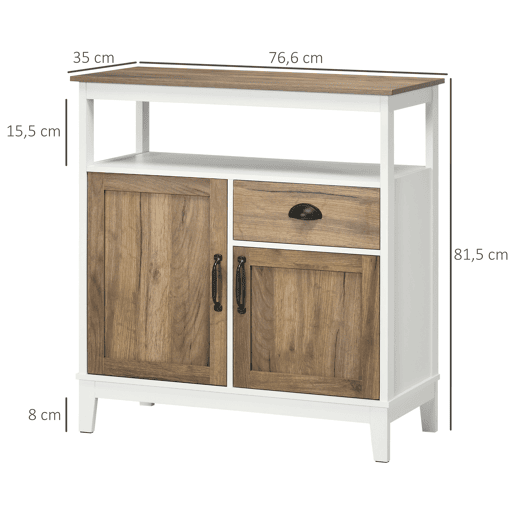 HOMCOM Aparador Sala de Estar Armário de Armazenamento de Madeira com 2 Portas Gaveta e Prateleira Ajustável para Sala de Jantar Cozinha Dormitório 76,6x35x81,5 cm Branco e Madeira Envelhecida