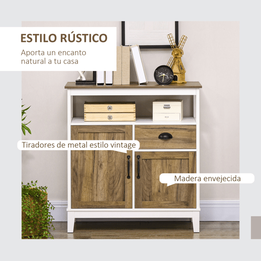 HOMCOM Aparador Sala de Estar Armário de Armazenamento de Madeira com 2 Portas Gaveta e Prateleira Ajustável para Sala de Jantar Cozinha Dormitório 76,6x35x81,5 cm Branco e Madeira Envelhecida