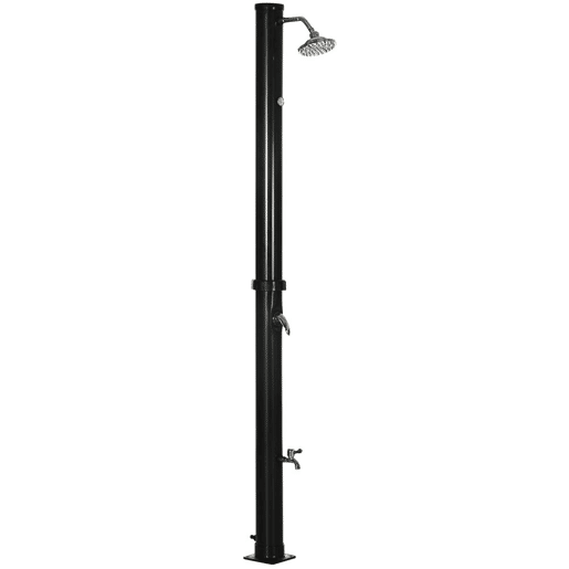 Outsunny Duche Solar de Jardim 20L Duche de Exterior com Cabeçal Redondo Torneira de Água Quente Máximo 60? e Duche de Pés para Piscina Pátio Praia 15,5x15,5x222 cm Preto