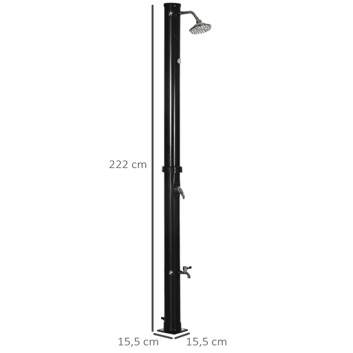 Outsunny Duche Solar de Jardim 20L Duche de Exterior com Cabeçal Redondo Torneira de Água Quente Máximo 60? e Duche de Pés para Piscina Pátio Praia 15,5x15,5x222 cm Preto