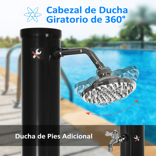 Outsunny Duche Solar de Jardim 20L Duche de Exterior com Cabeçal Redondo Torneira de Água Quente Máximo 60? e Duche de Pés para Piscina Pátio Praia 15,5x15,5x222 cm Preto