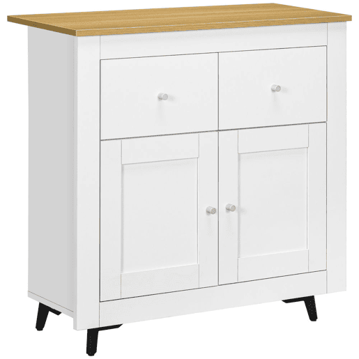 HOMCOM Aparador de Cozinha Móvel Auxiliar de Sala de Estar Moderno com Portas Dupla e 2 Gavetas para Sala de Estar Entrada Escritório 78x35x80 cm Branco e Madeira