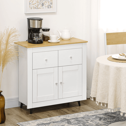 HOMCOM Aparador de Cozinha Móvel Auxiliar de Sala de Estar Moderno com Portas Dupla e 2 Gavetas para Sala de Estar Entrada Escritório 78x35x80 cm Branco e Madeira