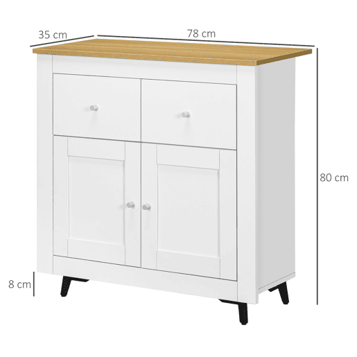 HOMCOM Aparador de Cozinha Móvel Auxiliar de Sala de Estar Moderno com Portas Dupla e 2 Gavetas para Sala de Estar Entrada Escritório 78x35x80 cm Branco e Madeira
