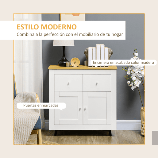 HOMCOM Aparador de Cozinha Móvel Auxiliar de Sala de Estar Moderno com Portas Dupla e 2 Gavetas para Sala de Estar Entrada Escritório 78x35x80 cm Branco e Madeira