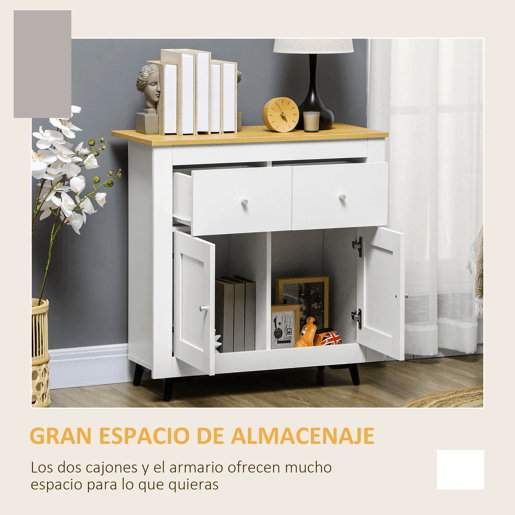 HOMCOM Aparador de Cozinha Móvel Auxiliar de Sala de Estar Moderno com Portas Dupla e 2 Gavetas para Sala de Estar Entrada Escritório 78x35x80 cm Branco e Madeira