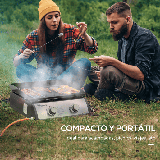 Outsunny Chapa a Gás de Mesa com 2 Queimadores de Aço Inoxidável 6 kW Chapa Portátil para Jardim Piquenique Campismo 48,5x46x21 cm Preto e Prata Outsunny Chapa a Gás de Mesa com 2 Queimadores de Aço Inoxidável 6 kW Chapa Portátil para Jardim Piquenique Campismo 48,5x46x21 cm Preto e Prata