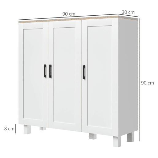 HOMCOM Aparador de 3 Portas, Aparador Estreito para Sala, Armário de Cozinha com Prateleiras Ajustáveis, para Cozinha, Entrada ou Quarto, 90x30x90 cm, Branco