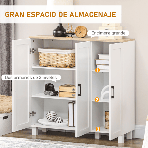 HOMCOM Aparador de 3 Portas, Aparador Estreito para Sala, Armário de Cozinha com Prateleiras Ajustáveis, para Cozinha, Entrada ou Quarto, 90x30x90 cm, Branco