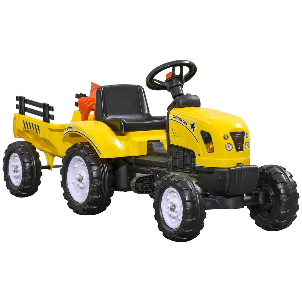 Homcom tractor a pedales para niños de 3 años con remolque juguete de montar coche de pedales carga 35 kg 133x42x51 cm amarillo