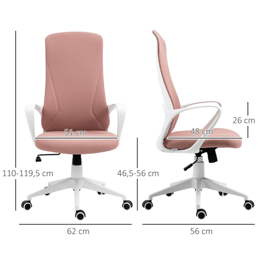 Vinsetto Cadeira de Escritório Giratória com Altura Ajustável Cadeira de Escritório Ergonómica com Apoio para os Braços Função de Inclinação e Encosto Alto para Sala de Estar Dormitório 62x56x110-119,5 cm Rosa