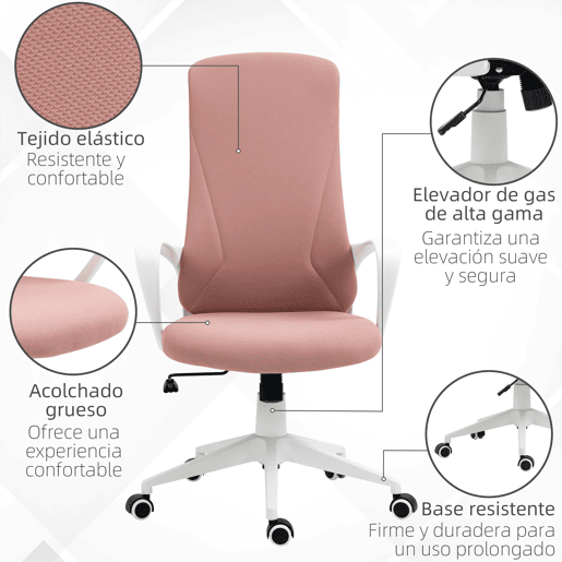 Vinsetto Cadeira de Escritório Giratória com Altura Ajustável Cadeira de Escritório Ergonómica com Apoio para os Braços Função de Inclinação e Encosto Alto para Sala de Estar Dormitório 62x56x110-119,5 cm Rosa