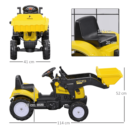 HOMCOM Trator a Pedal para Crianças acima de 3 Anos Trator Escavadora Infantil com Pá Dianteira Veículo a Pedais Carga Máxima 35 kg 114x41x52 cm Amarelo e Preto