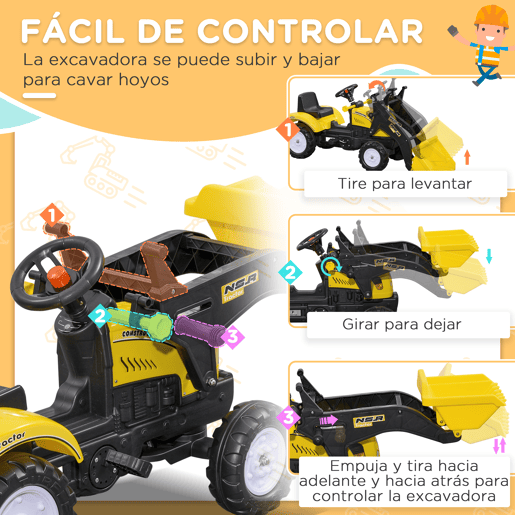 HOMCOM Trator a Pedal para Crianças acima de 3 Anos Trator Escavadora Infantil com Pá Dianteira Veículo a Pedais Carga Máxima 35 kg 114x41x52 cm Amarelo e Preto