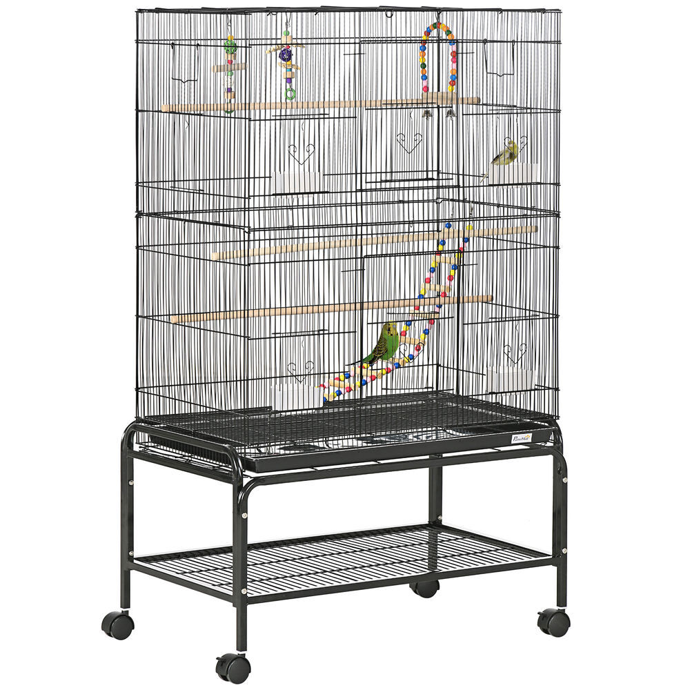 Pawhut jaula para pájaros con ruedas jaula grande con soporte pajarera con bandeja extraíble puertas comederos perchas juguetes y estante inferior para canarios periquitos 79x49x133 cm negro