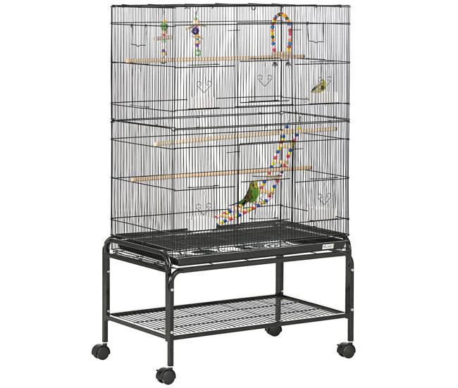Pawhut jaula para pájaros con ruedas jaula grande con soporte pajarera con bandeja extraíble puertas comederos perchas juguetes y estante inferior para canarios periquitos 79x49x133 cm negro